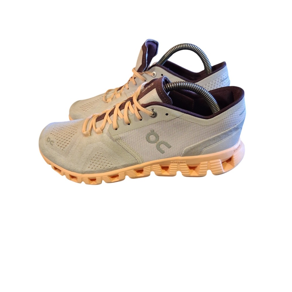 On Running Cloud X Womens 10 Grey Peach Burgundy Training Shoes Sneakers